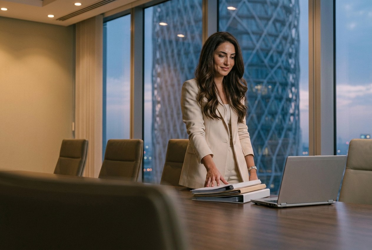 Woman in a cream blazer preparing documents in a boardroom.