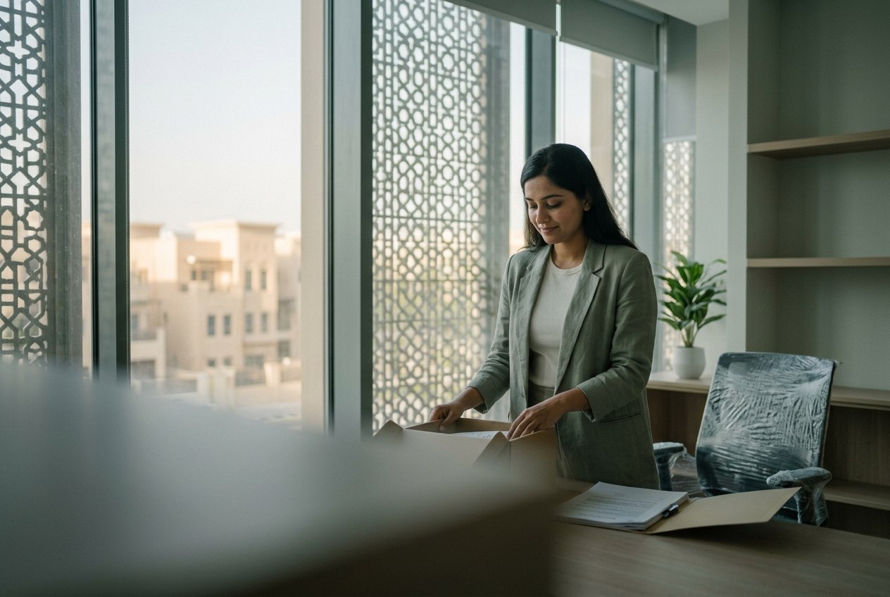 Woman in a green blazer organizing company documents in an office.