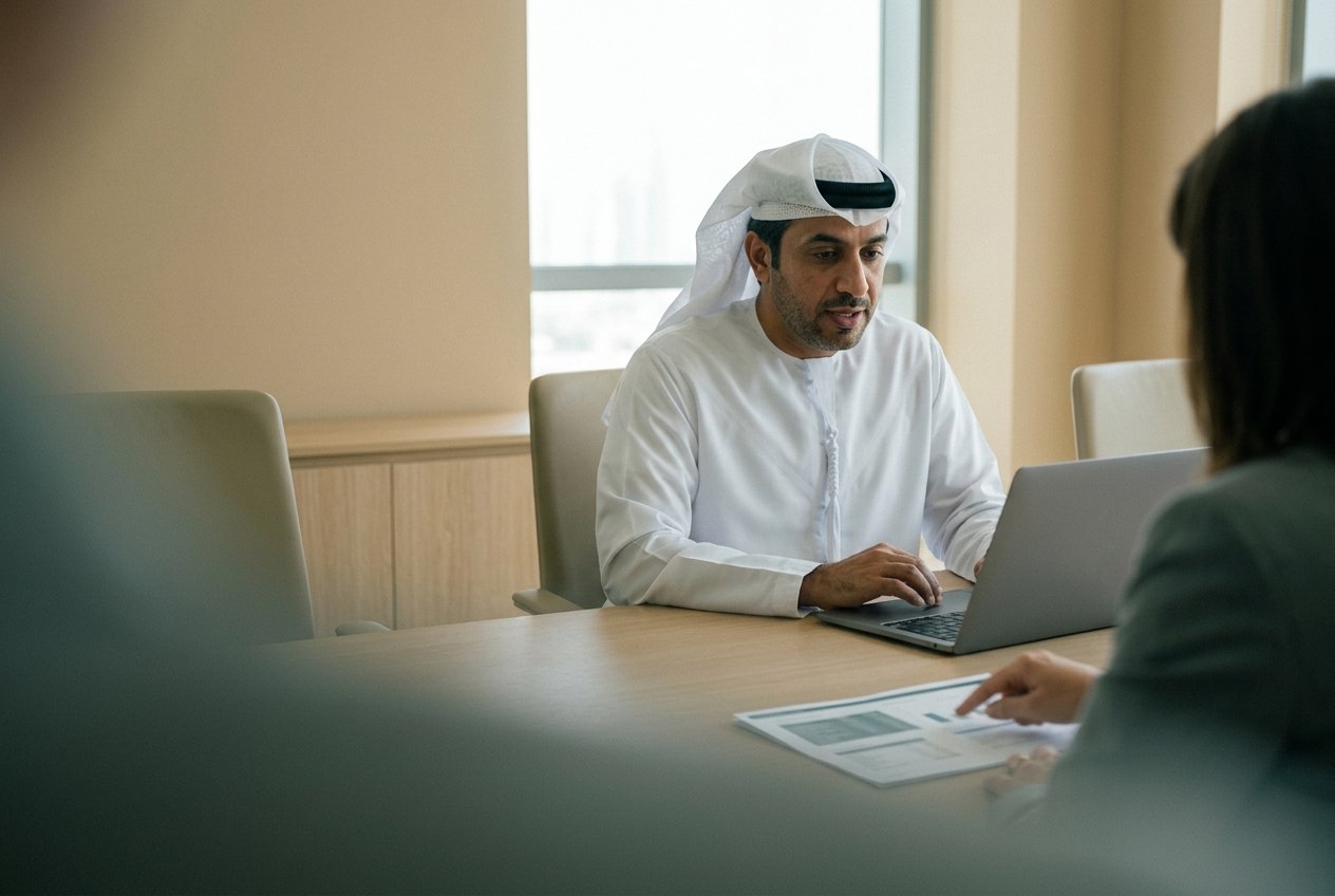 Man in Emirati attire reviewing documents and a laptop with a colleague.
